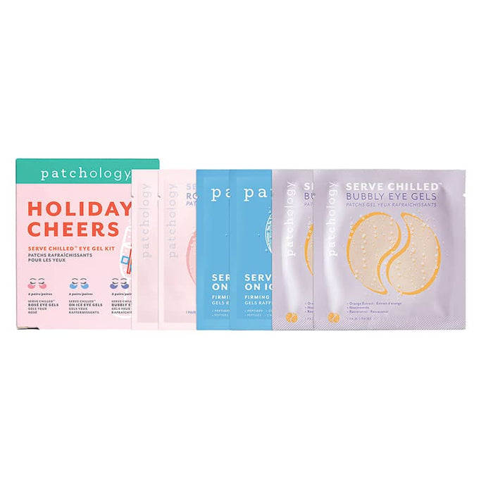 Patchology holiday eye gel set featuring assorted “Serve Chilled” eye patches in colorful packaging, including Bubbly, Rosé, and On Ice variants
