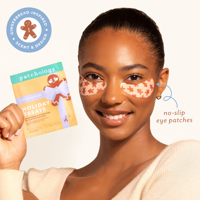 Woman wearing eye patches with a Patchology product and gingerbread-themed label.