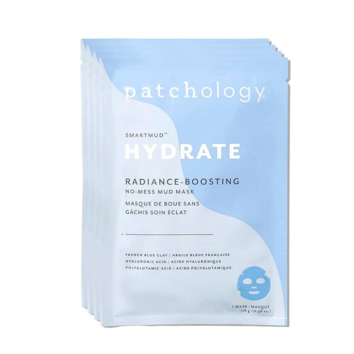 Patchology SmartMud Hydrate radiance-boosting mud mask packets stacked with French blue clay for hydrating skincare