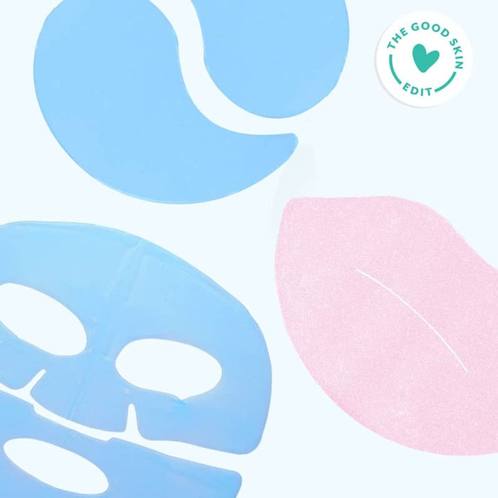 Pastel-colored masks with 'The Good Skin Edit' logo on a light background