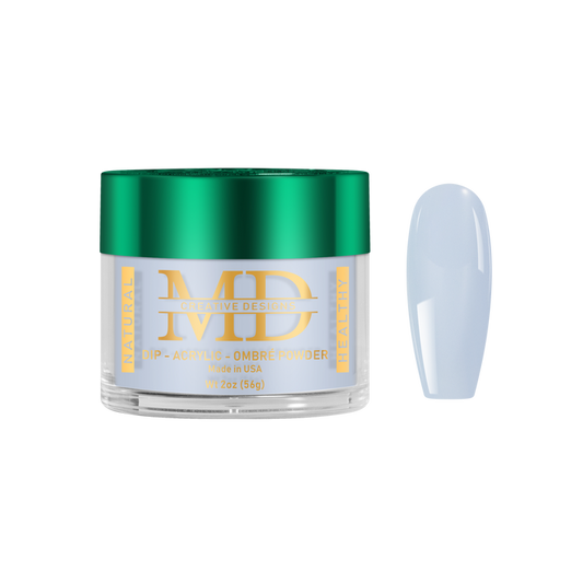 Jar of MD powder with a green lid and gold text, next to a light blue nail tip color swatch on a white background.