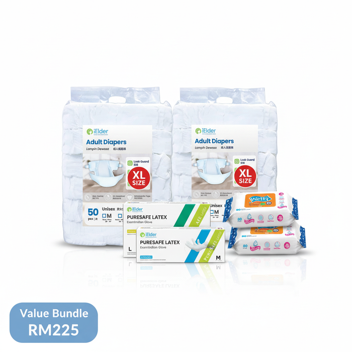 Incontinence Care Bundle XL Size - 2 Diapers, 2 Gloves, 3 Wipes