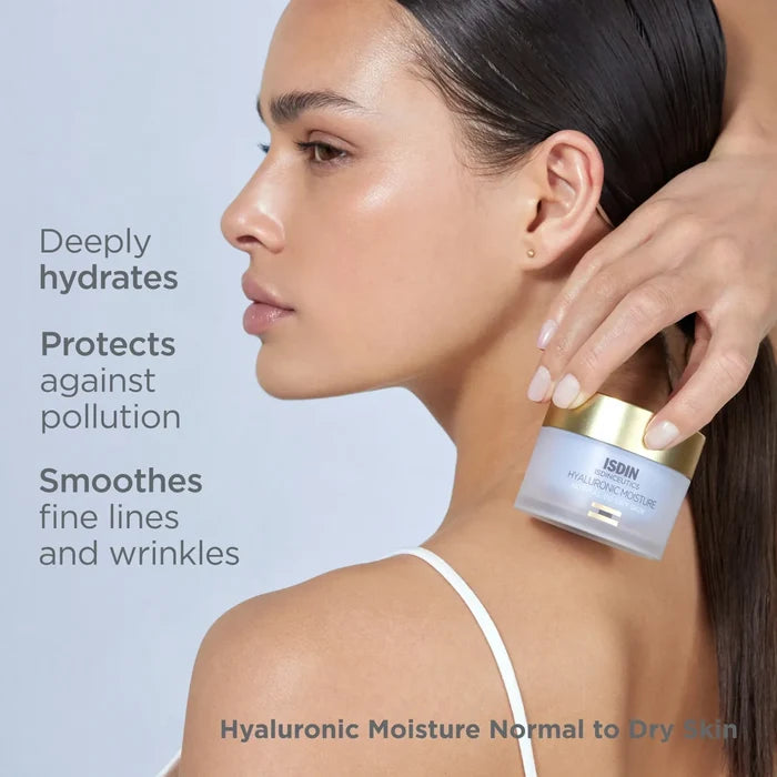 ISDIN Hyaluronic Moisture moisturizer jar near model skin, deeply hydrates and protects