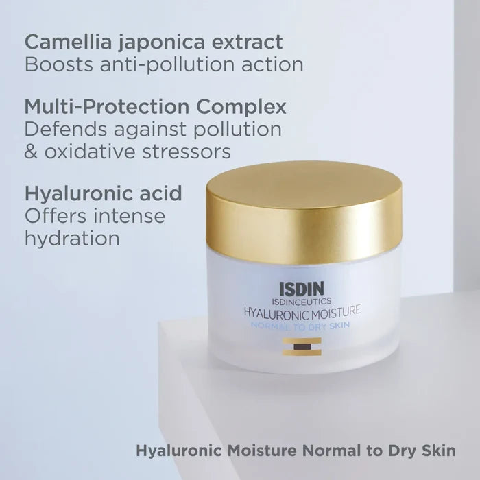 ISDIN Isdinceutics Hyaluronic Moisture jar for normal to dry skin with gold lid and ingredient callouts