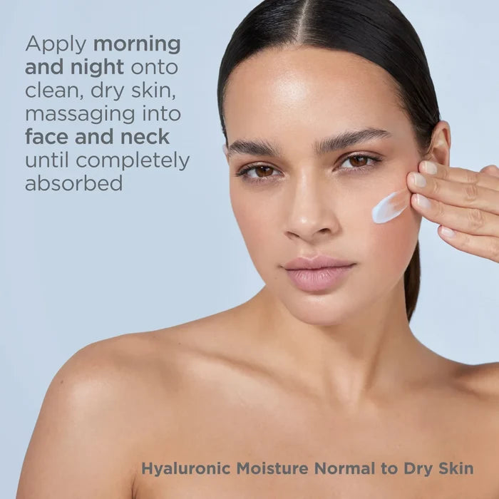 Woman applying Hyaluronic Moisture Normal to Dry Skin moisturizer to cheek and neck