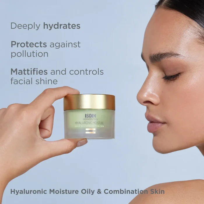ISDIN Hyaluronic Moisture Oily & Combination Skin jar, hydrates, protects against pollution, mattifies shine