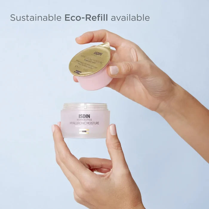 ISDIN Hyaluronic Moisture Sensitive Skin eco-refill pod and jar, sustainable refill packaging