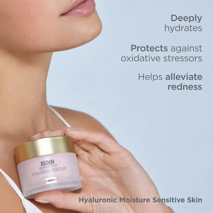 ISDIN Isdinceutics Hyaluronic Moisture Sensitive Skin jar held by model, deeply hydrates and helps reduce redness