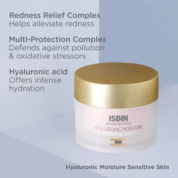 ISDIN Isdinceutics Hyaluronic Moisture Sensitive Skin jar with gold lid, redness relief and hydration claims