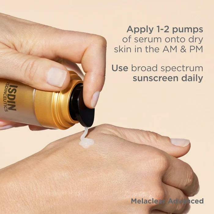ISDIN Melaclear Advanced serum dispensing onto hand with usage instructions