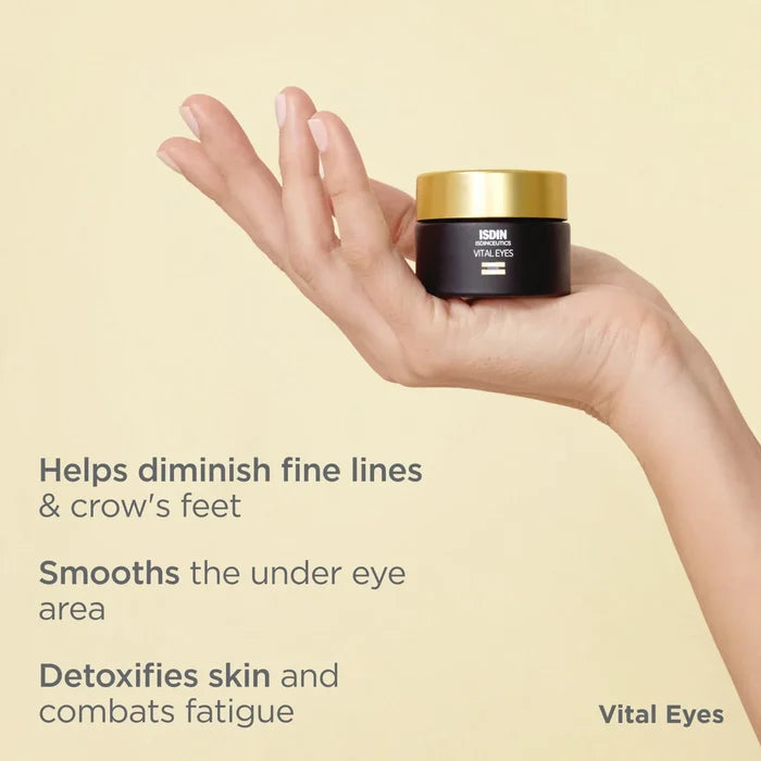 ISDIN Isdinceutics Vital Eyes jar in hand with gold lid; helps diminish fine lines and detoxify skin