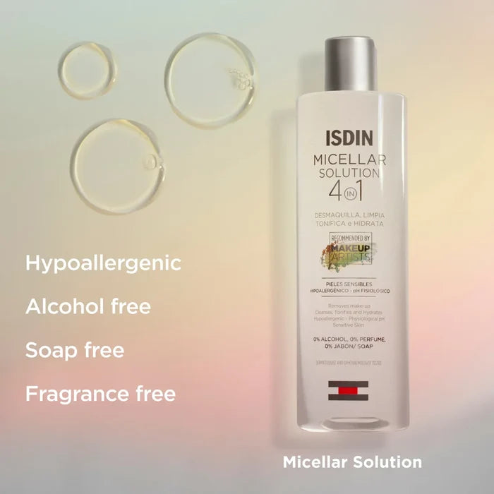 ISDIN Micellar Solution 4-in-1 bottle for sensitive skin, alcohol-free and fragrance-free