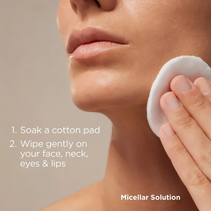 Micellar Solution applied with cotton pad on face, neck, eyes and lips
