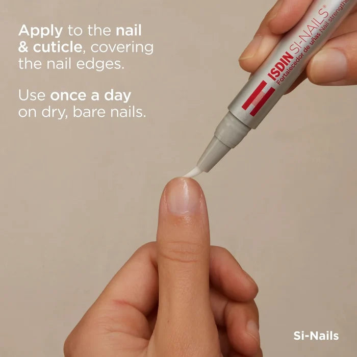 ISDIN Si-Nails serum being applied to nail and cuticle, with use instructions