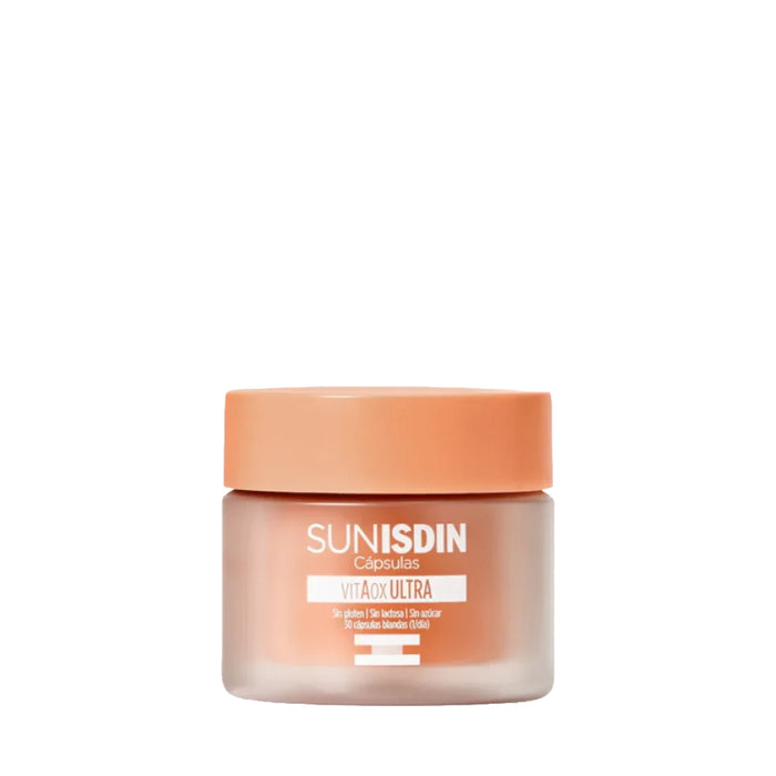 ISDIN SUNISDIN vitamin capsules jar with orange lid and VitAox ULTRA label