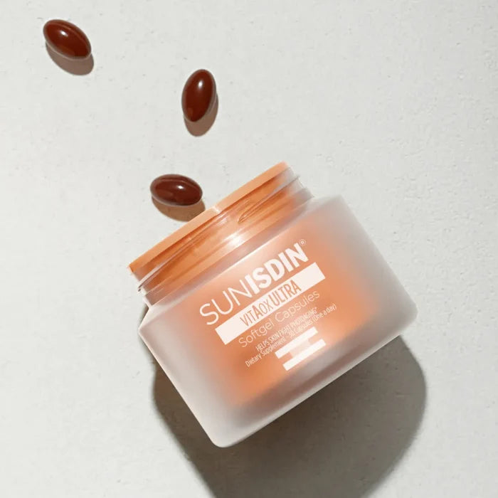 ISDIN SUNISDIN softgel capsules in frosted peach jar with antioxidant supplement