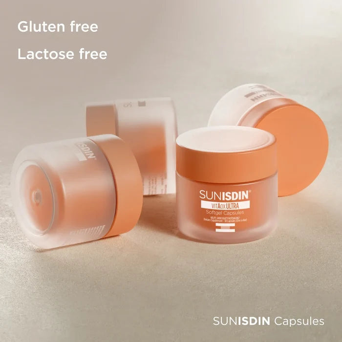 ISDIN SUNISDIN VitAox Ultra softgel capsules in frosted orange jars, gluten free and lactose free