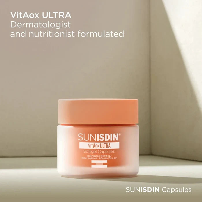 SUNISDIN VitAox Ultra softgel capsules jar, dermatologist and nutritionist formulated