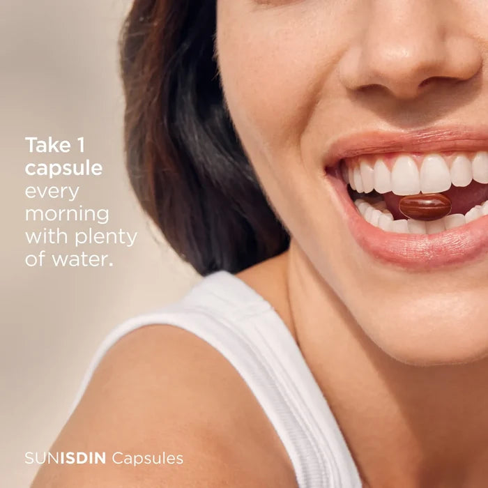 Woman taking one SUNISDIN capsule in the morning with water