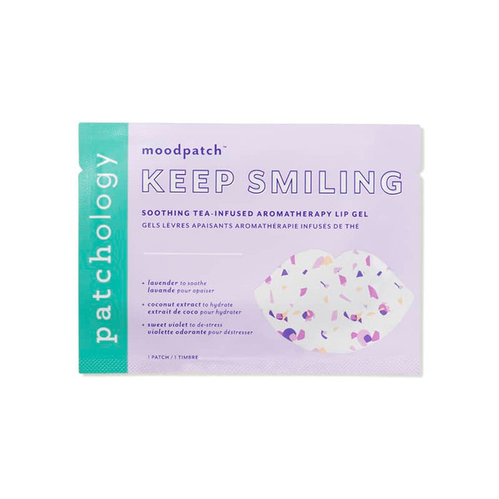 Patchology Keep Smiling lip gel in lavender packaging with teal branding and confetti lip graphic.