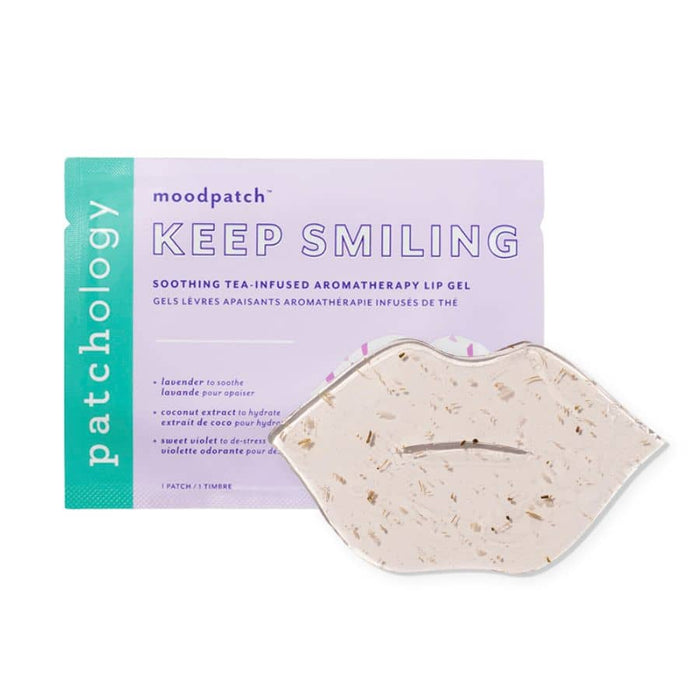 Patchology Keep Smiling lip gel with clear speckled lip mask against lavender packaging.