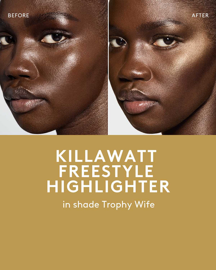 before and after of deep skin toned model wearing killawatt freestyle highlighter in shade trophy wife