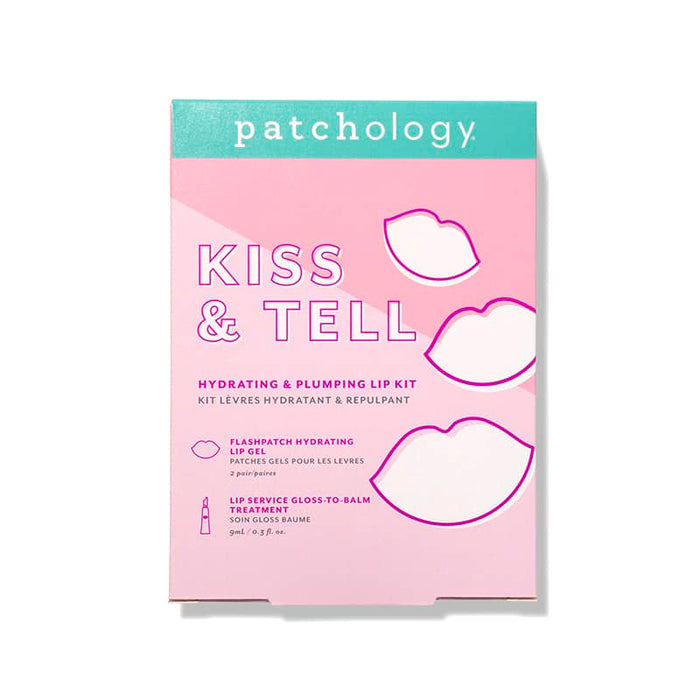 Patchology “Kiss & Tell” hydrating and plumping lip kit box with pink design and lip illustrations