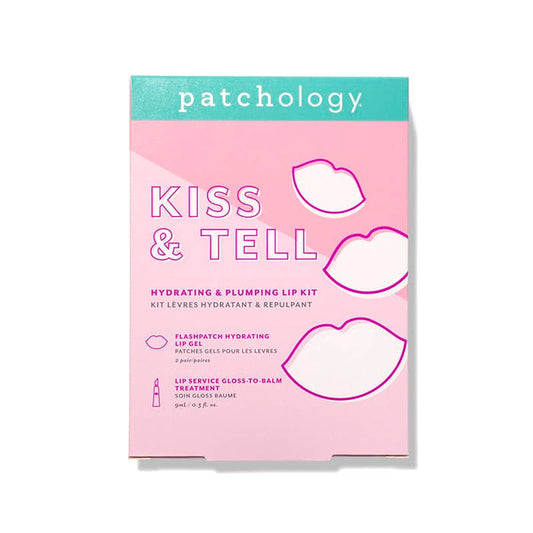Patchology “Kiss & Tell” hydrating and plumping lip kit box with pink design and lip illustrations
