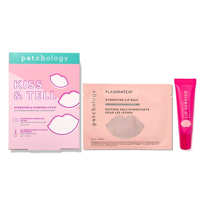 Patchology Kiss & Tell lip kit with hydrating lip gels sachet and Lip Service gloss-to-balm treatment displayed on a clean background