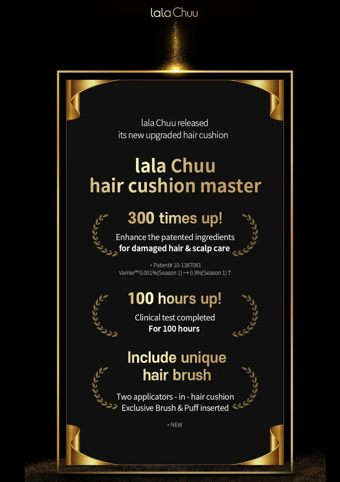 A promotional graphic for the LalaChuu Hair Cushion Master, featuring a black background with gold decorative borders and text highlighting enhanced hair and scalp care, up to 100 hours coverage, and an included brush.