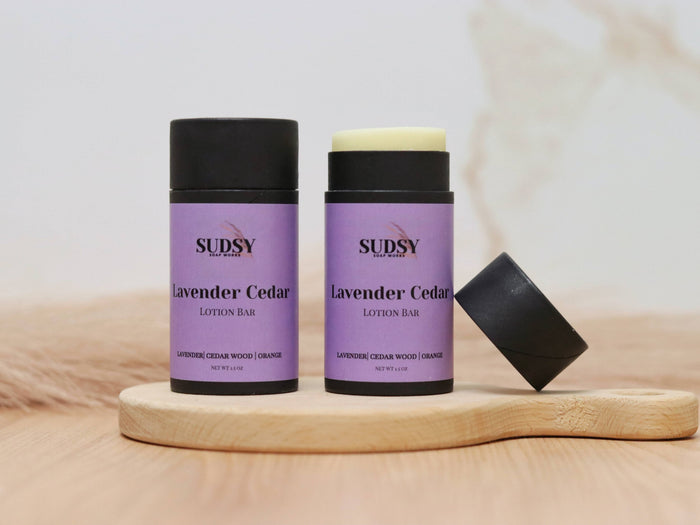 Lavender and cedar lotion bar by Sudsy Soap Works LLC, natural moisturizer with lavender flowers and cedarwood scent.