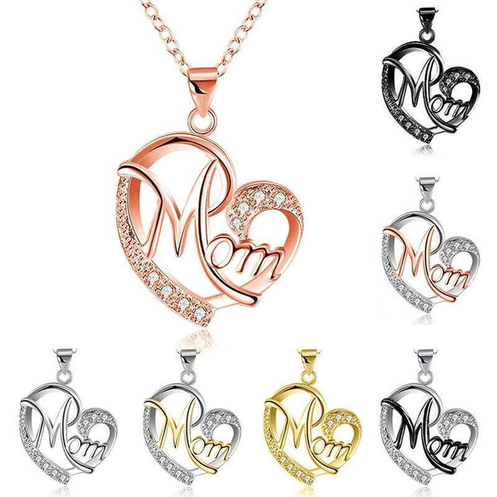 Letter MOM Heart Shape Inlaid Crystal Pendant Necklace Gift for Mother