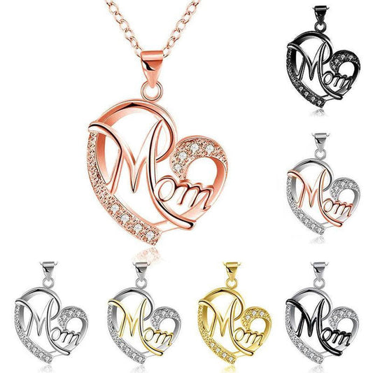 Letter MOM Heart Shape Inlaid Crystal Pendant Necklace Gift for Mother