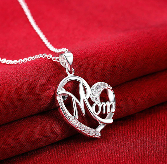 Letter MOM Heart Shape Inlaid Crystal Pendant Necklace Gift for Mother