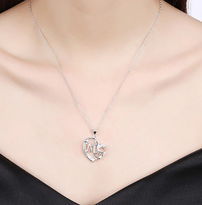 Letter MOM Heart Shape Inlaid Crystal Pendant Necklace Gift for Mother