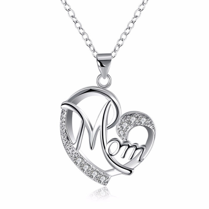 Letter MOM Heart Shape Inlaid Crystal Pendant Necklace Gift for Mother