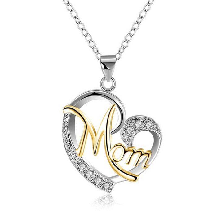Letter MOM Heart Shape Inlaid Crystal Pendant Necklace Gift for Mother