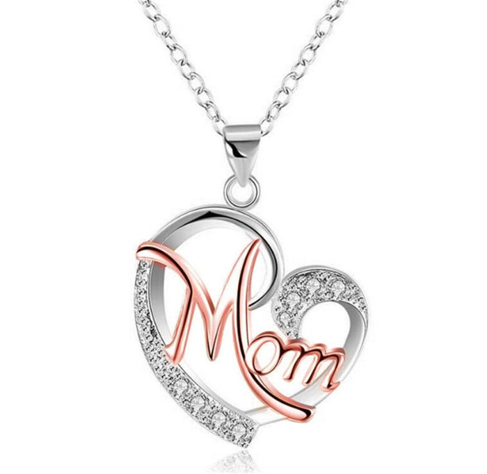 Letter MOM Heart Shape Inlaid Crystal Pendant Necklace Gift for Mother