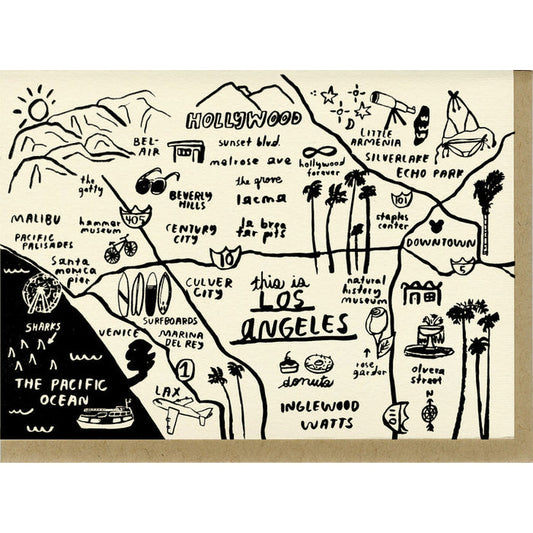 Los Angeles map card, cream background with black line-art streets and palm trees