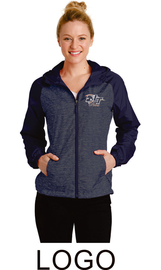 LT Poms Unisex or Ladies Heather Colorblock Raglan Hooded Windbreaker