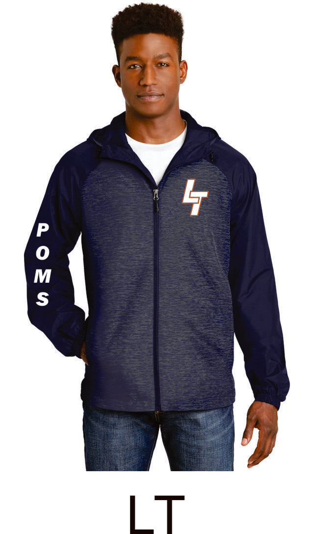 LT Poms Unisex or Ladies Heather Colorblock Raglan Hooded Windbreaker