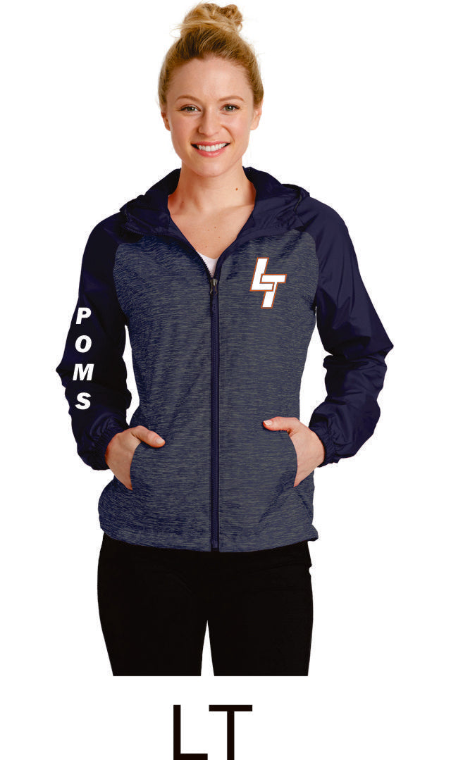 LT Poms Unisex or Ladies Heather Colorblock Raglan Hooded Windbreaker