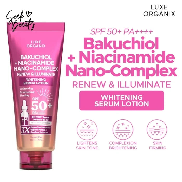 Luxe Organix Bakuchiol + Niacinamide Nano-complex Renew & Illuminate Whitening Serum Lotion SPF 50+