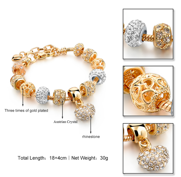 Luxury Golden Plated Crystal Heart Charm Bracelet in 5 styles