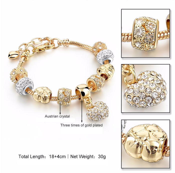 Luxury Golden Plated Crystal Heart Charm Bracelet in 5 styles