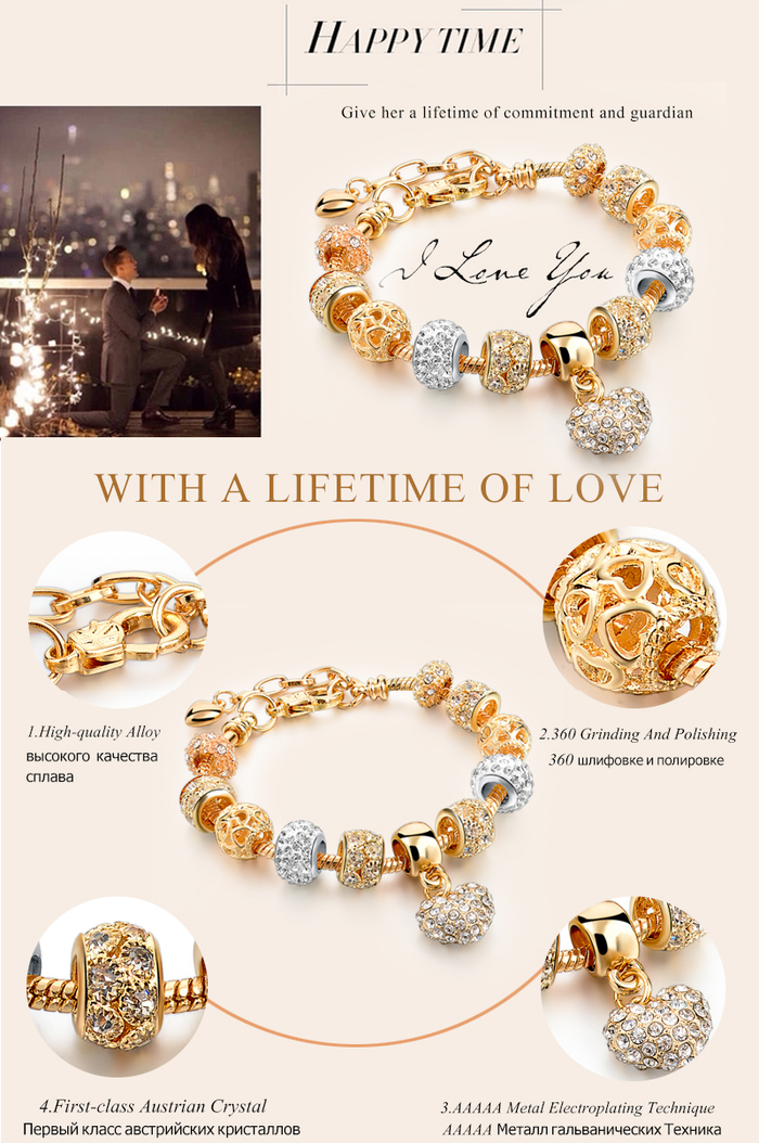Luxury Golden Plated Crystal Heart Charm Bracelet in 5 styles