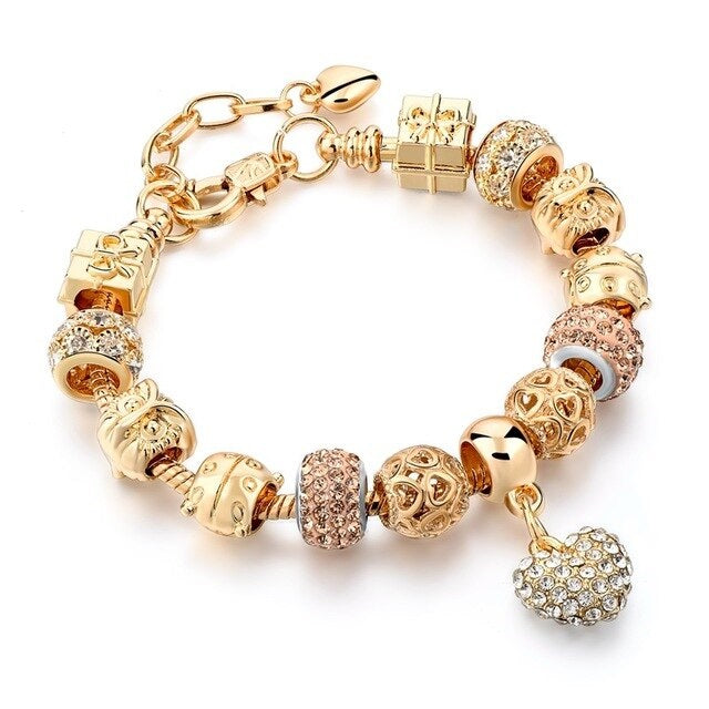Luxury Golden Plated Crystal Heart Charm Bracelet in 5 styles