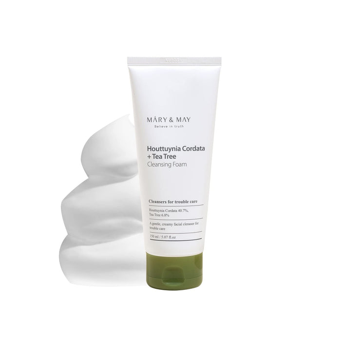 MARY &amp; MAY Houttuynia Cordata + Tea Tree Cleansing Foam is a soothing and purifying cleanser for sensitive and troubled skin. Formulated with 40.7% Houttuynia Cordata Extract and 6.85% Tea Tree Extract, it helps calm irritation and reduce excess oil, while Glycerin and Sodium Hyaluronate provide hydration. The gentle foam effectively cleanses without stripping the skin, leaving it feeling refreshed and balanced. Ideal for acne-prone or oily skin types.
