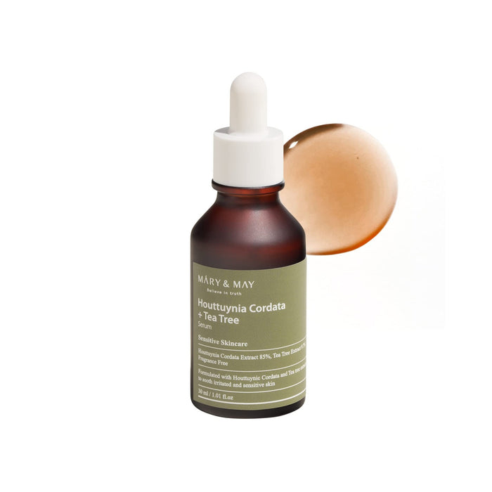 MARY & MAY Houttuynia Cordata + Tea Tree Serum calms and balances acne-prone skin with soothing Houttuynia and Tea Tree extracts. Perfect for oily and sensitive skin.