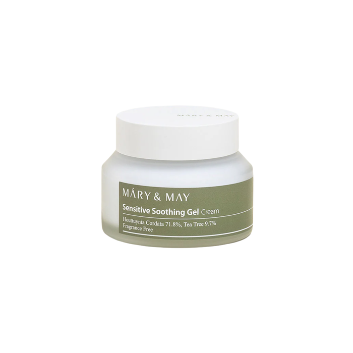 MARY & MAY Sensitive Soothing Gel Cream is a lightweight gel-cream designed to calm and hydrate sensitive skin. Enriched with Houttuynia Cordata Extract and Tea Tree Extract, it helps soothe irritation while delivering a refreshing burst of moisture. Infused with multiple forms of Hyaluronic Acid, it provides deep and long-lasting hydration for a smooth and plump complexion. Perfect for sensitive or irritated skin, this gel-cream absorbs quickly, leaving the skin feeling calm, soft, and refreshe